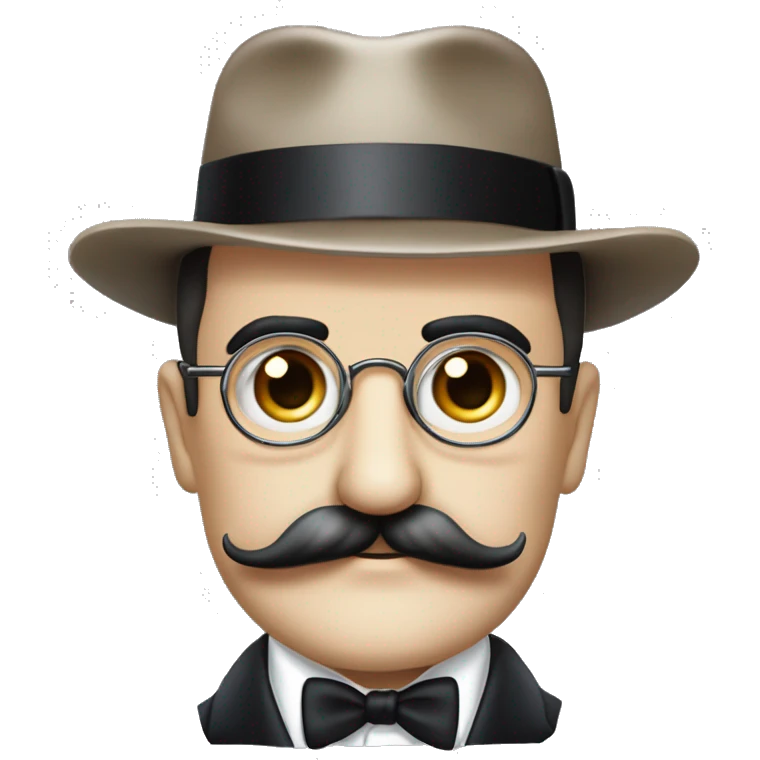 Hercule Poirot. Tête ronde. moustache peignée. Crâne chauve. Yeux marrons. Lunettes binocles. Chapeau emoji