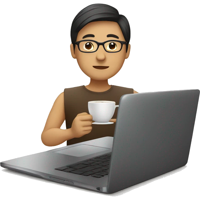 a asian human wear glasses is working on a laptop with a cup of coffee emoji