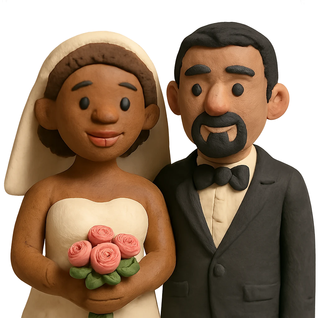 light-skinned African American bride and light-skinned groom with black goatee in a tuxedo emoji