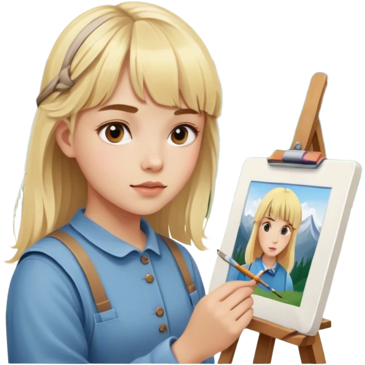 young painter with blond hair and bangs girl  draws copy from life in the mountains emoji