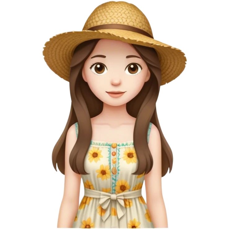 beautiful pale brunette girl with long hair in a summer dress and straw hat emoji