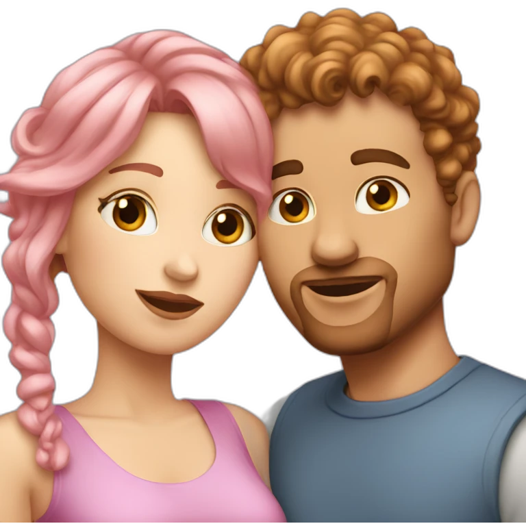 white woman with pink straight hair kissing with a white man with curly brown hair emoji