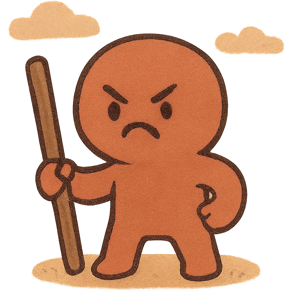 a little red character, angry expression, gripping a stick, cartoon style emoji