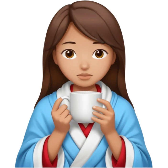 cute and sexy asian slightly tanned girl, brown hair, feeling sick, nose is red due to sickness, covered by blanket, holding tea mug in hands emoji