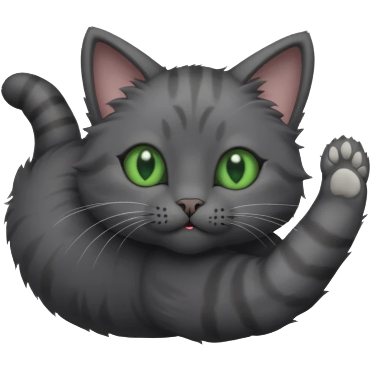 solid dark grey cat with green eyes, completely solid grey face, white toes/paws playing rolling upside down emoji