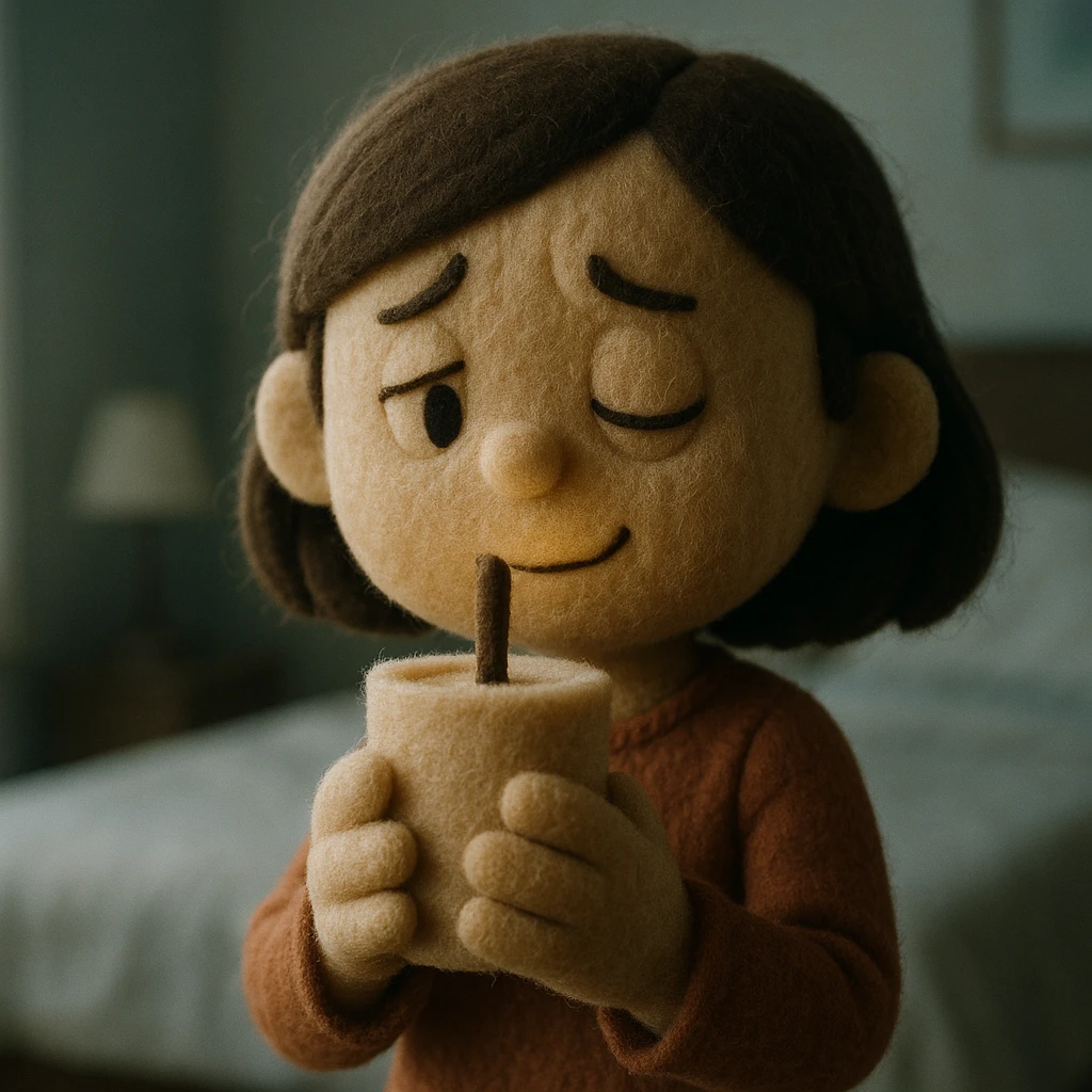 a girl in a bedroom, looking sad, then smelling a scent like from a candle or diffuser, her mood changing to relaxed, 3D illustration style emoji