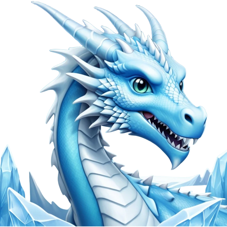 Cinematic Noble elegant Ice Dragon Portrait Emoji, Poised and imposing, distinct long elegant snout, with a slender, scaled body shimmering in glacial hues of icy blue, frostbitten silver, and crystalline white, breathing out frost, with piercing, glowing ice blue white eyes that radiate the chilling depths of an arctic storm; rendered in detail. emoji