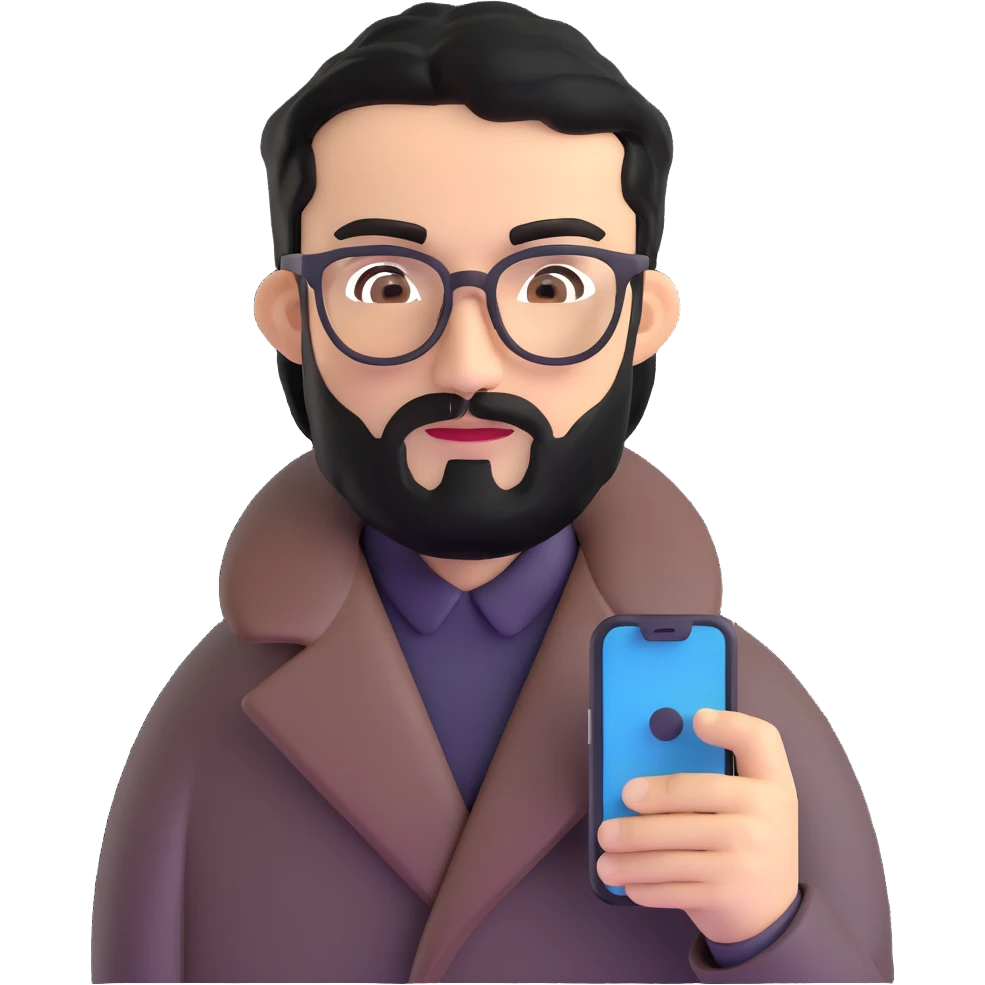 professional man with medium black beard, neat black hair, connected unibrow, olive tan skin, brown eyes, glasses, prominent nose, wearing a black coat, holding a smartphone emoji