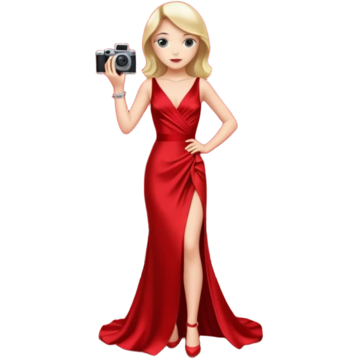 an actress standing on a red carpet with a formal dress, with only one film camera next to her. emoji