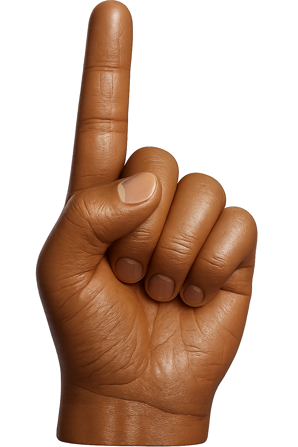Edit the image of a hard, shiny plastic figurine hand to have a slightly darker skin tone. Add hyper-realistic details including visible fingernails, subtle wrinkles, and realistic skin texture. The hand should be pointing upwards with the pointer finger extended. Keep the hard, shiny plastic figurine look. No background. emoji
