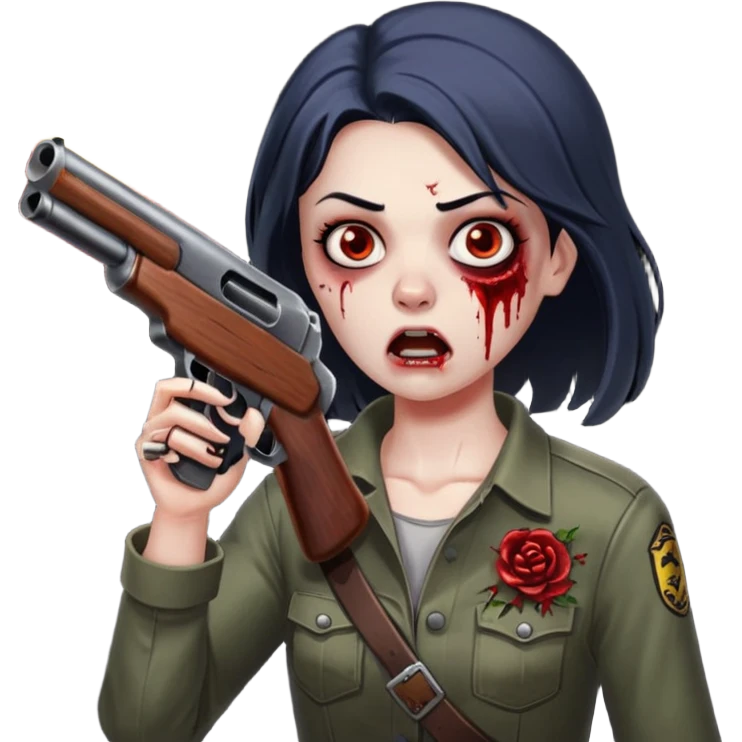 Survivor firing shotgun at zombie, flying blood, intense expression, dark style, no background










 emoji