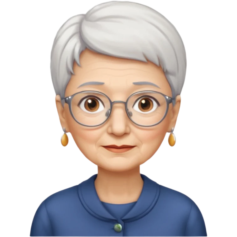 Create me emoji of an old lady. Short white hair to left side. Square glasses. Brown eyes. Rounded really big and long face. Wide nose emoji