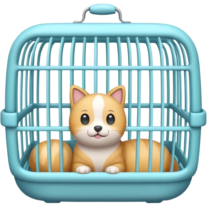 A cute emoji-style empty pet cage — cartoon look, rounded design, pastel colors, with vertical bars and a small handle on top. The cage is completely empty inside. No animals, no cats, no creatures — just the cage emoji