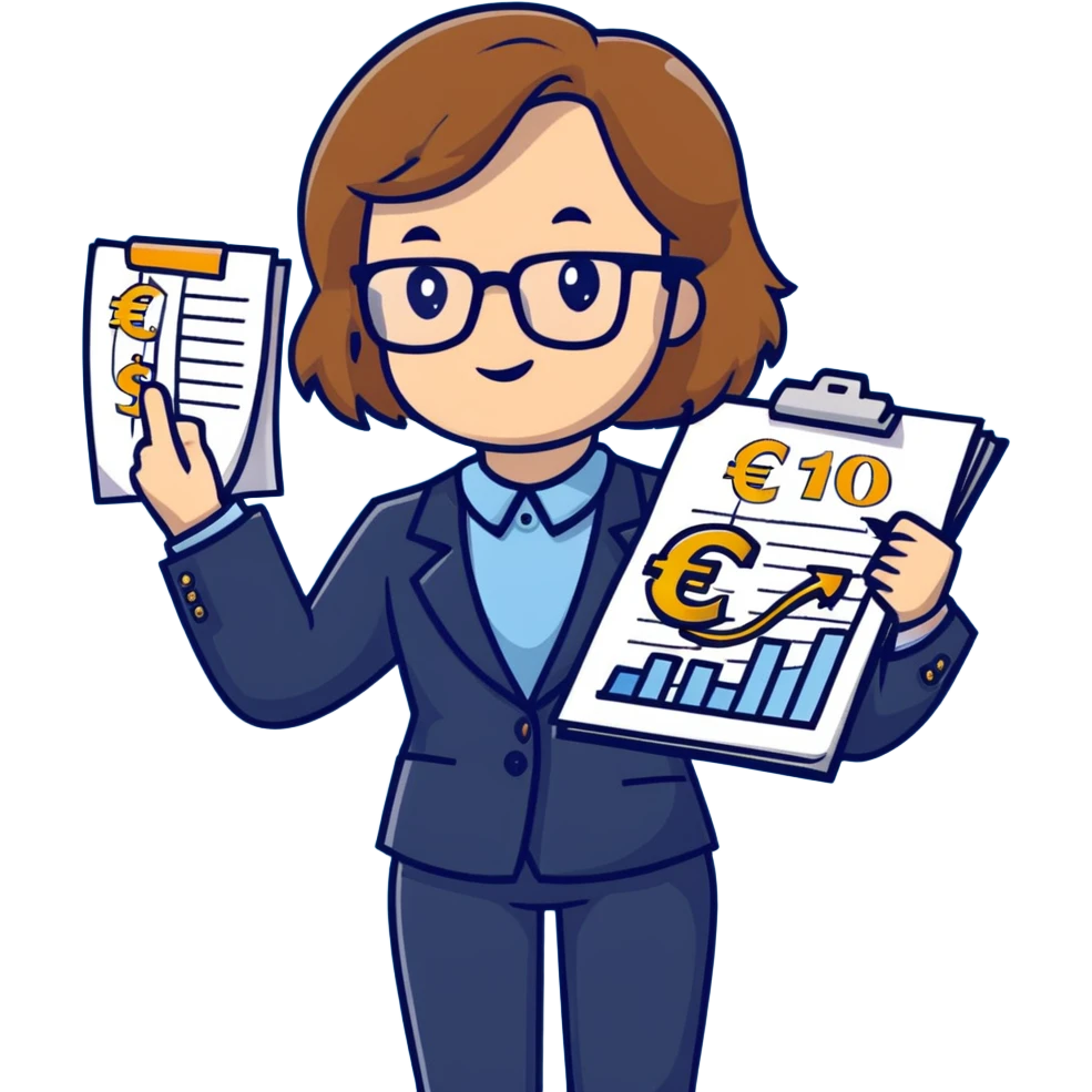 Professional economics channel mascot with shoulder-length wavy light brown hair, rectangular glasses, navy blazer, light blue shirt, holding clipboard with chart, pointing at dollar and euro symbols emoji