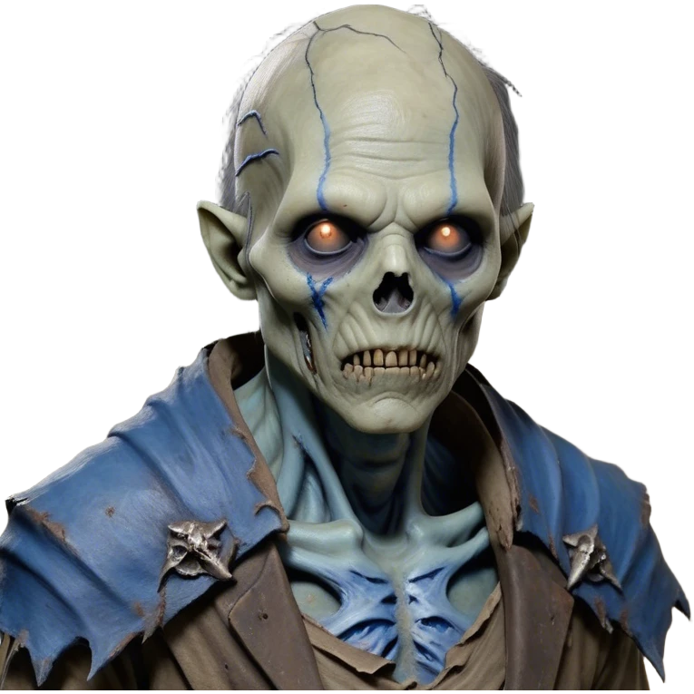 Cinematic Realistic WoW undead friendly zombie Portrait, depicted with decayed yet noble features, his weathered, pallid skin etched with ghostly blue veins and ancient scars. Clad in modest, tattered attire in muted browns and greys that remain consistently rugged, his hollow eyes burn with determined defiance. Rendered with lifelike texture and dramatic natural lighting, high shine, noble and resilient, capturing the stoic spirit of an undead veteran of Azeroth. emoji
