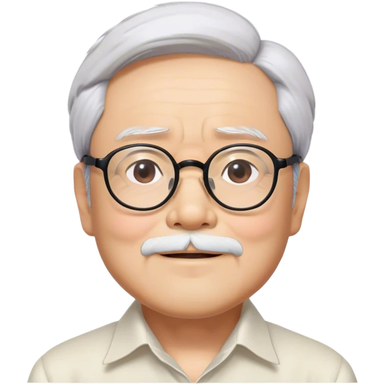 ​Cinematic Realistic Portrait of Hayao Miyazaki, depicted with defined black eyebrows, and large rectangular glasses, his happy expression rendered in lifelike detail, illuminated with soft, realistic lighting that emphasizes his creative genius, emoji
