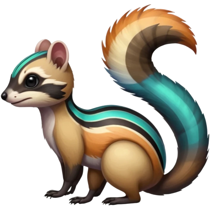 Colorful black and iridescent Cacomistle-Numbat-Ferret-hybrid-fusion-animal-creature, full body  emoji