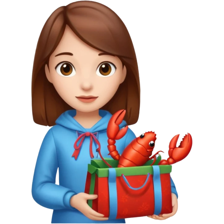 Cute girl brown hair holding gift bag with lobster inside emoji
