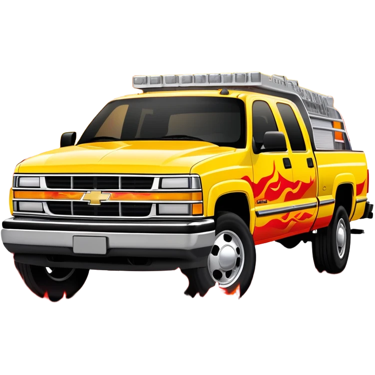 Yellow 1997 Chevrolet C-2500 Crew Cab with vibrant airbrushed red flame artwork flowing dramatically across hood and front, highly detailed fire pattern, Kill Bill movie vehicle, 30-degree view, iOS emoji style emoji