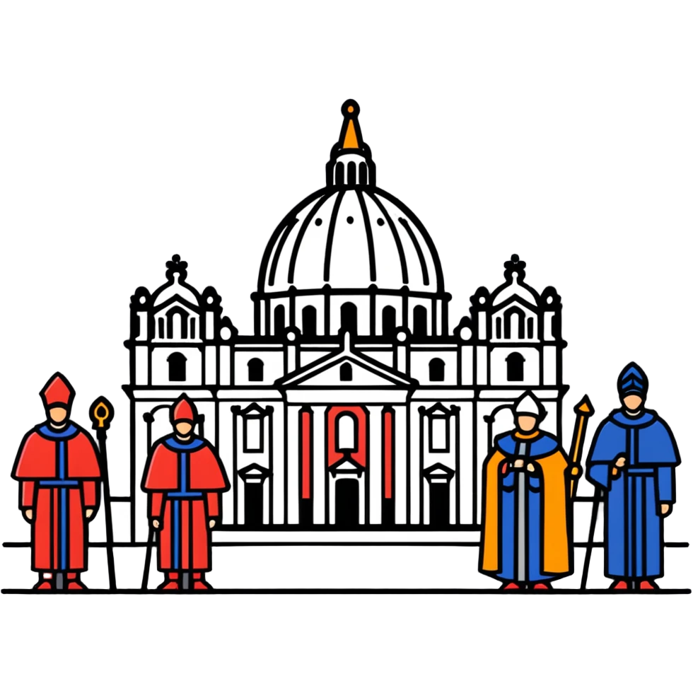A solemn papal funeral scene with St. Peter's Basilica, Swiss Guards, and mourning cardinals emoji