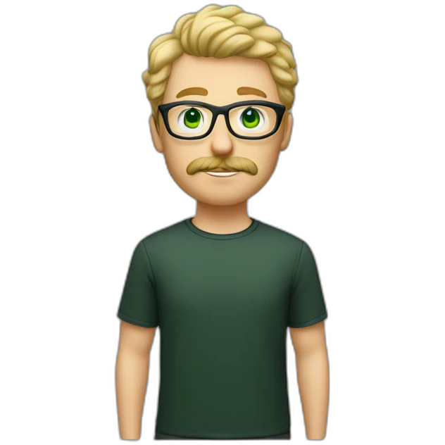 young adult white man with short, curly blond hair, green eyes, transparent acetate glasses, a mustache, and a short beard. black t-shitt emoji