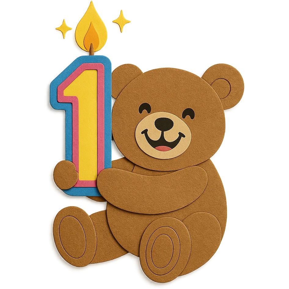 Make the bear look happy with a big smile, make the number '1' candle more colorful, and add 3 sparkles around the candle emoji