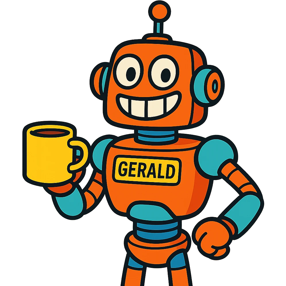 robot named Gerald with a big smile holding a coffee mug vibrant toon style emoji