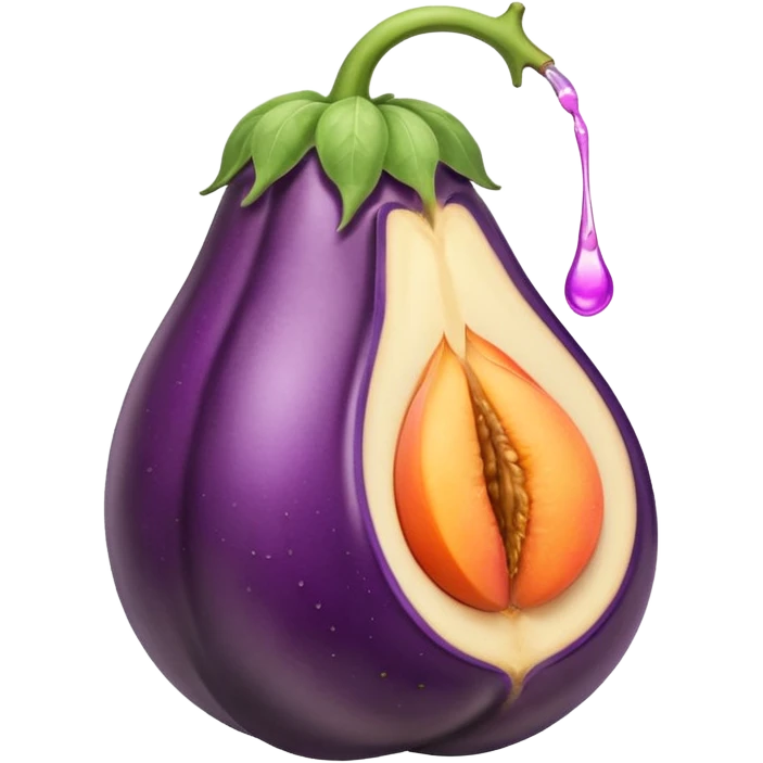 Eggplant with white liquid coming out the top being inserted into a peach emoji