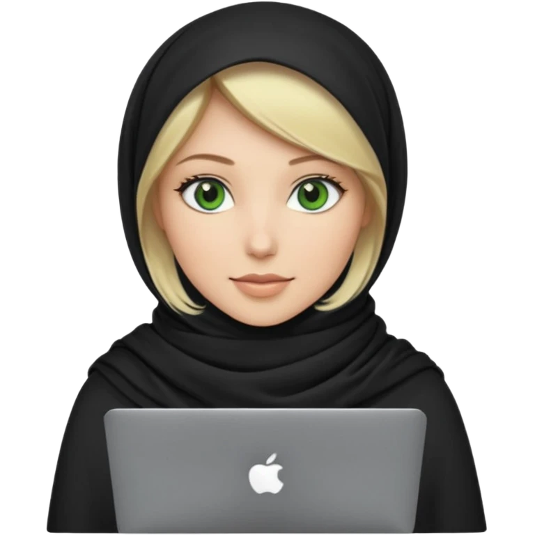 blond women skine , with green eyes , with black scarf hijab ,without hair, with macbook emoji
