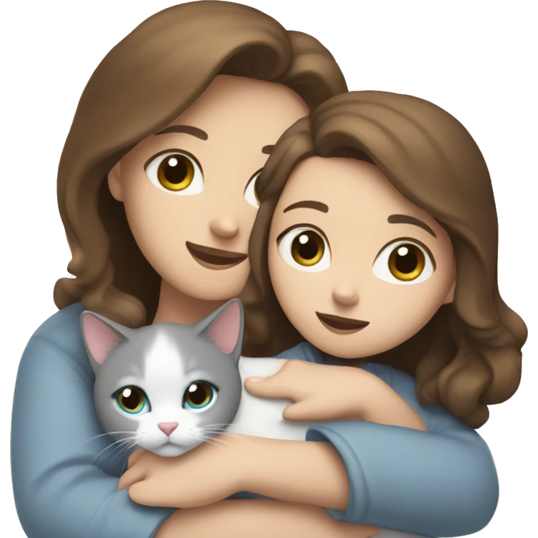 A girl with brown hair and blue eyes hugs a white-gray cat emoji
