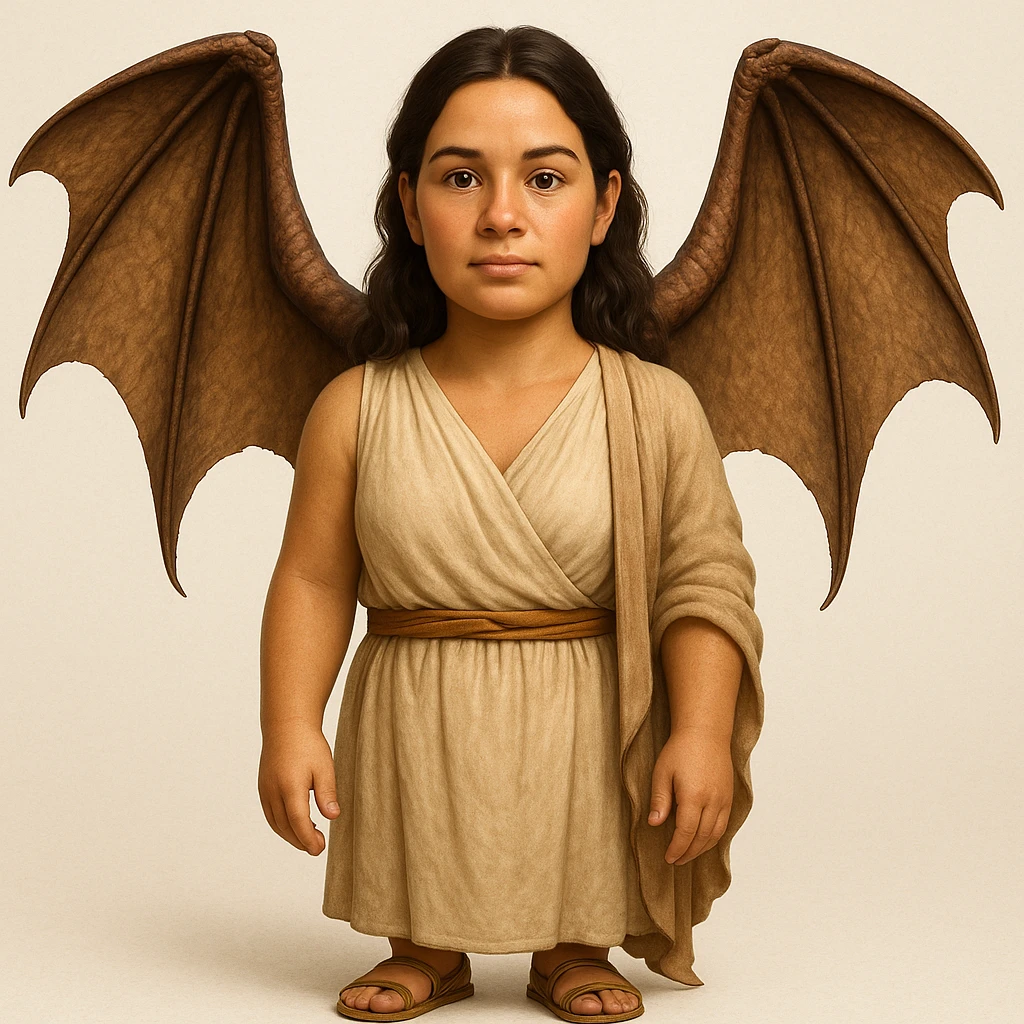 Make this woman hyperrealistic but still in emoji style, wearing an ancient ordinary outfit and realistic dragon wings. Blend hyperrealistic details with the simplicity of an emoji style for the overall look. emoji