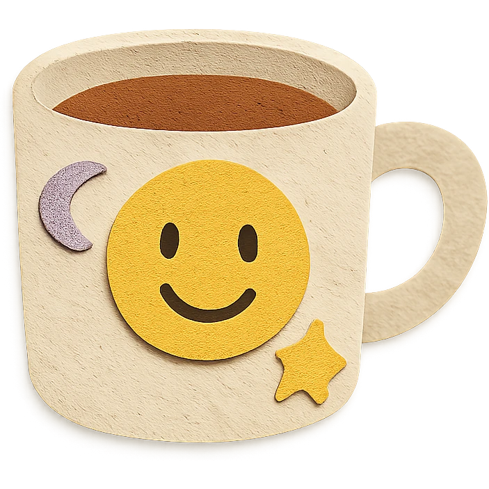 coffee cup with pastel moon and star doodles, smiling face, hand-drawn style emoji
