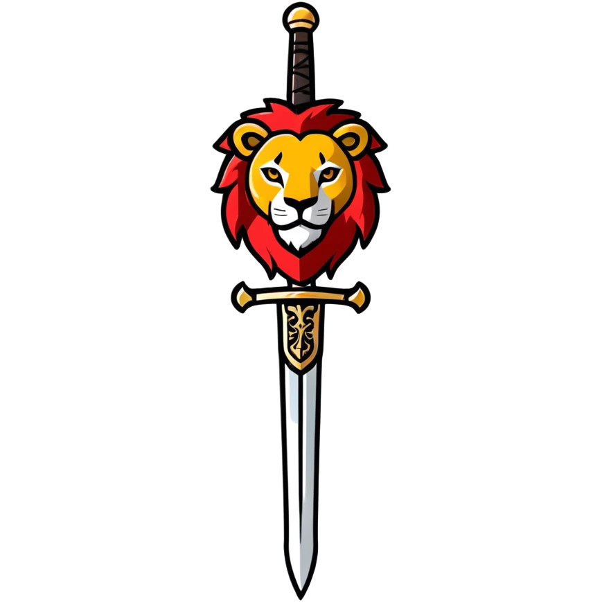 gold colored long sword with deep red handle and a gold lion on the end of the handle emoji