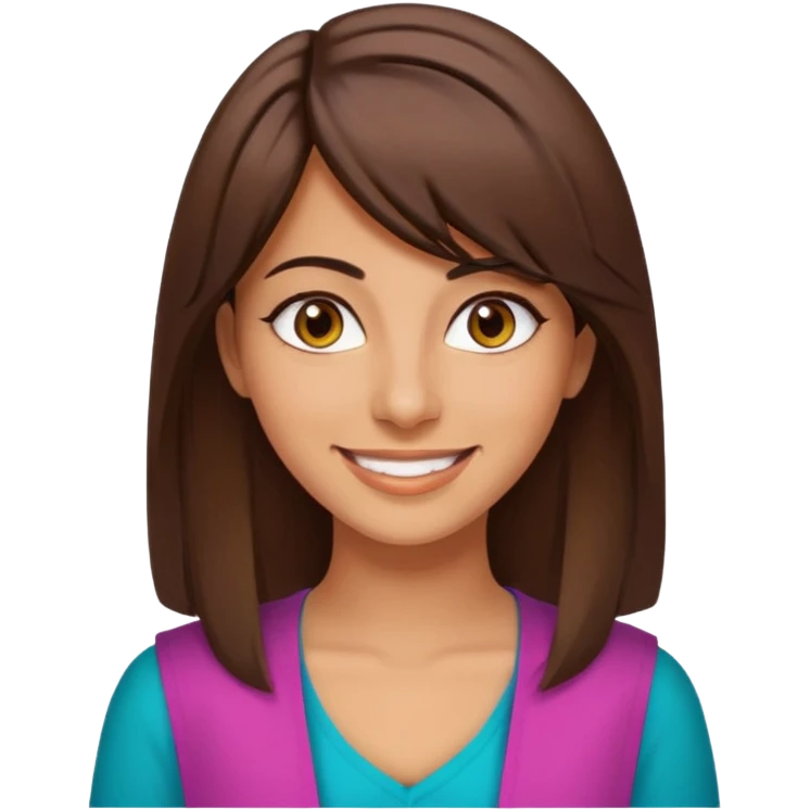 30 yr old middle eastern woman straight brown hair side bangs big smile tanned skin brown eyes colorful clothes emoji