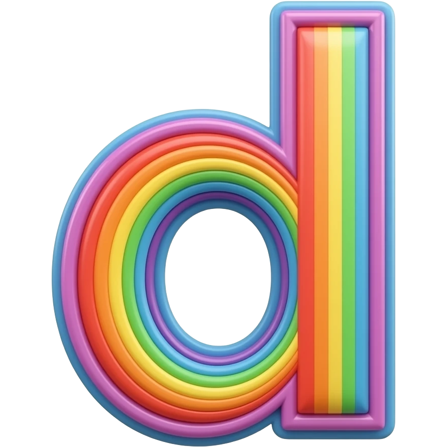 name "d" in blue pink orange 3D style typography lettering, each color of the rainbow as a border outlined around each letter, isolated, 3d rendering, no emoji icons no emoji faces and must have no human figures emoji
