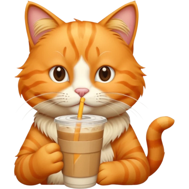 Gato naranja tomando café frio con un popote tomando el popote con sus patitas emoji