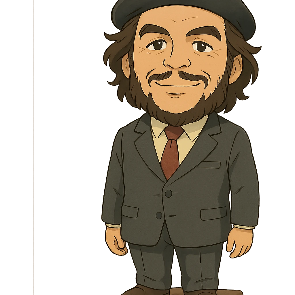 statuette of Che Guevara in a suit and tie, big head, confident smile, ghibli style emoji