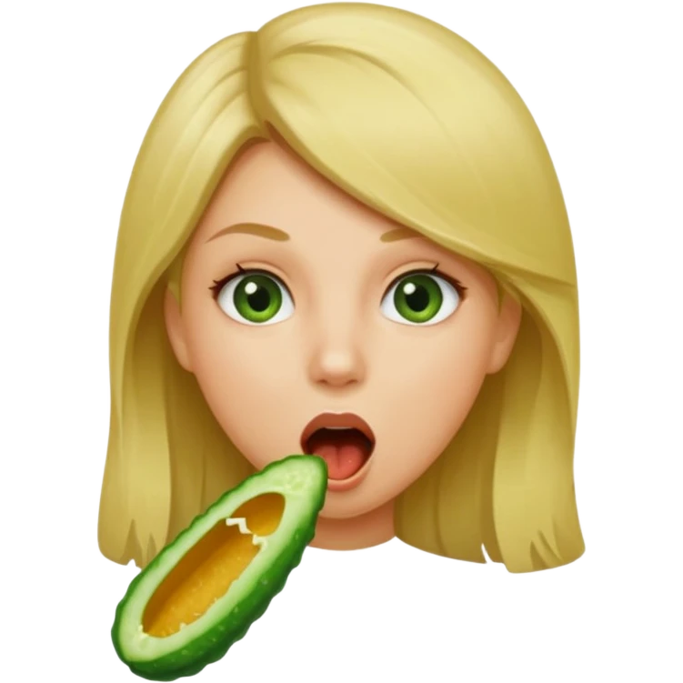 Girl mouth open. Cucumber going into her mouth straight. dirty blonde hair emoji