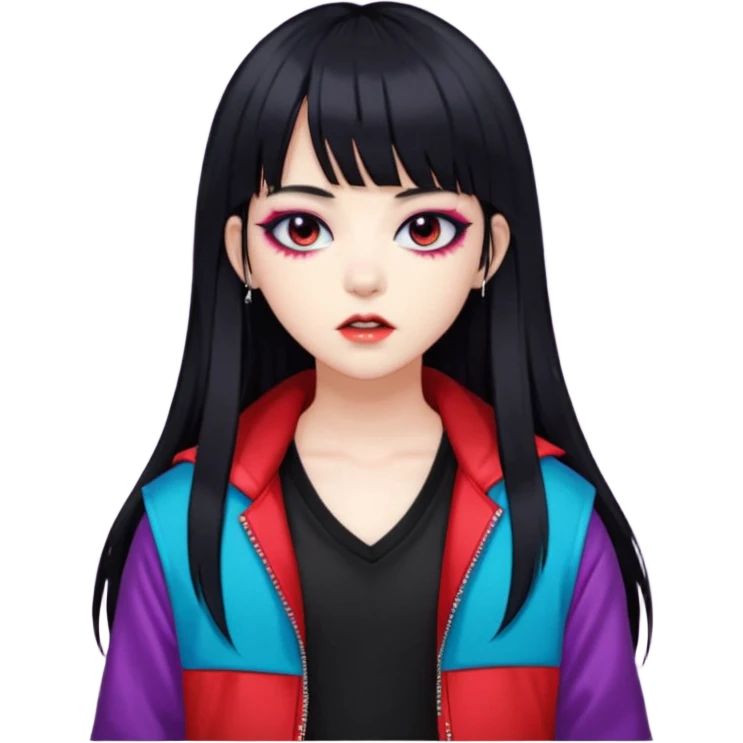  portrait-of-a-vampire-k-pop-idol,-wearing-a-stylish-streetwear-outfit-with-layered-colorful-clothing,-long-hair-with-bangs,-makeup,- emoji