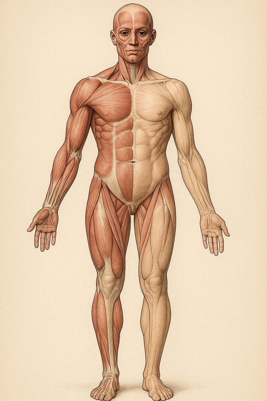 Anatomical style illustration showing a human body with muscles less developed on one side due to asymmetries, highlighting the muscular difference between the two sides, variant 5. emoji