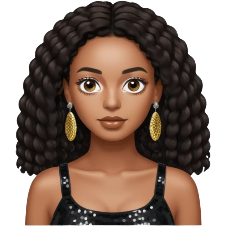 Solange with dark brown long hair, black sequin crop top, silver earring emoji