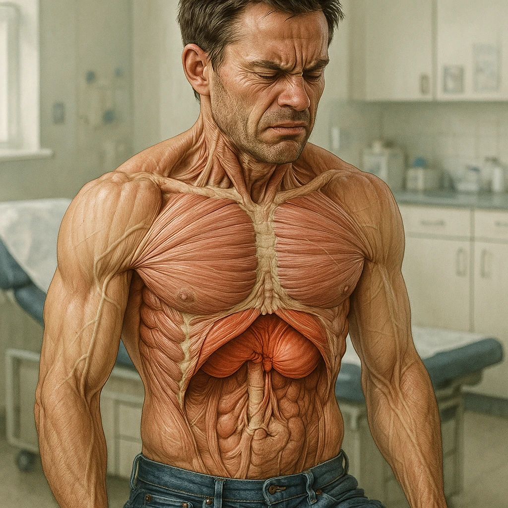 hyper realistic detailed image of a male diaphragm blocked due to stress, anatomical evidence, tense muscles, clinical atmosphere, medical environment, natural colors emoji