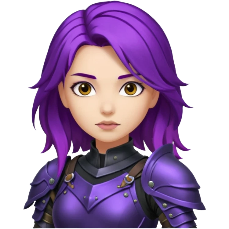 mysterious warrior girl with flowing purple hair, dressed in black armor, confident expression emoji