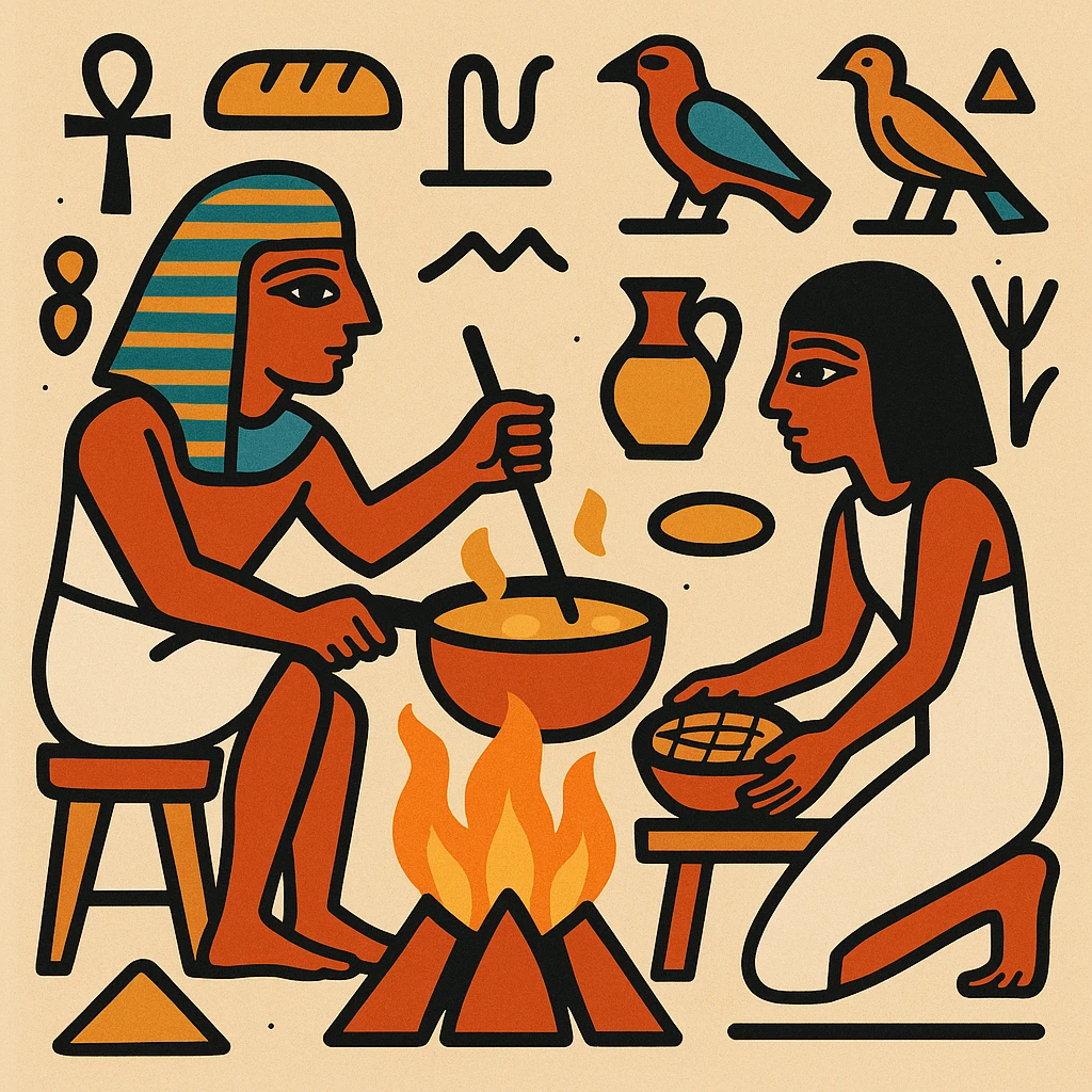 ancient Egyptian cooking scene in hieroglyphic style emoji