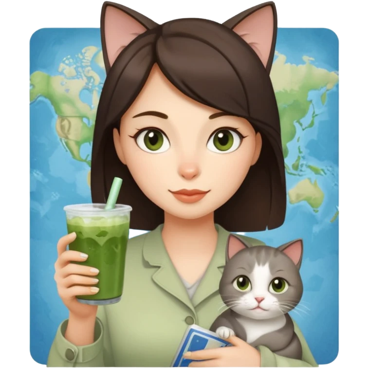 a brunette woman in here 30S drinking an iced matcha, carrying a grey cat and a map of the world emoji