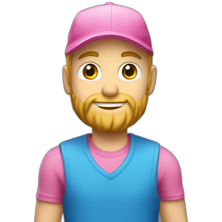 a guy in a pink shirt, blond, with a short beard in a blue cap, emoji