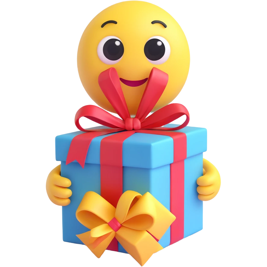 3D smiley emoji, nagy szempillás, ajándékkal, meglepett emoji