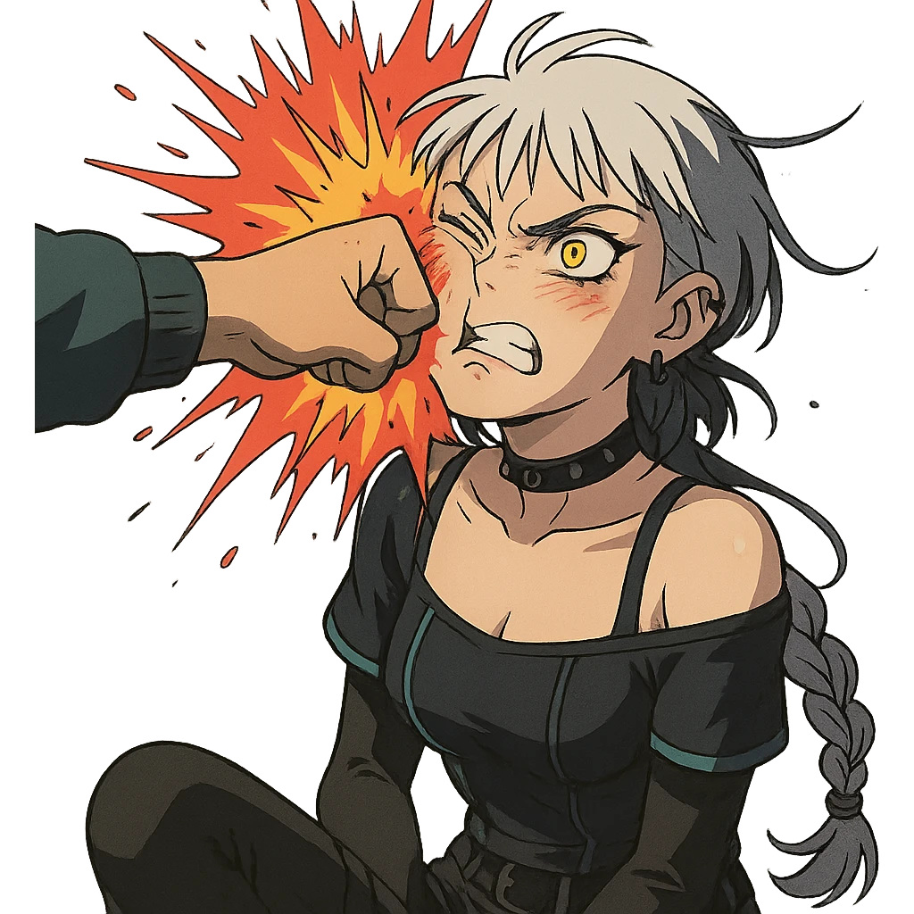  she is getting punched in the face explosively, overpowered, facepunch, a closeup portrait of young woman with gold yellow eyes, white hair, long braid, black off-shoulder top d-cup, punk gothic style, futuristic cyberwave cyberpunk, sitting position
 emoji