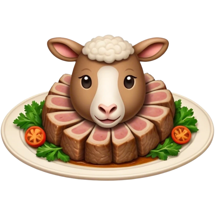 Roast Lamb Cinematic Realistic Roast Lamb Dish Emoji, depicted as thinly sliced roast lamb arranged artfully on a plate, rendered with rich textures and warm, inviting lighting. emoji