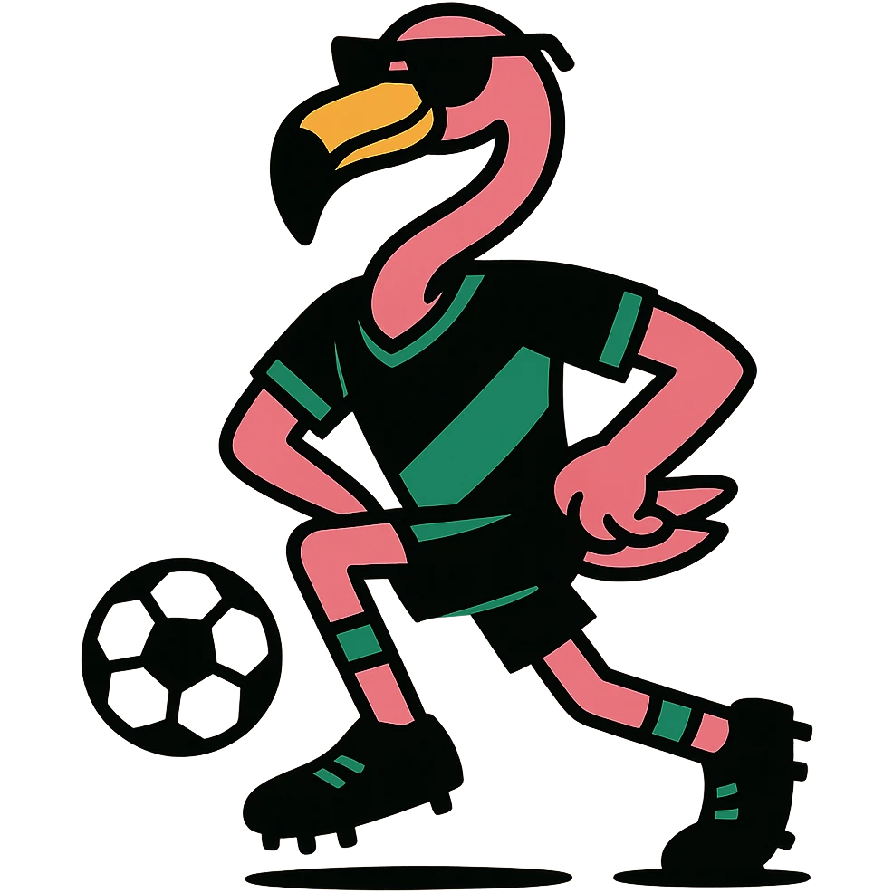 flamingo soccer player in sunglasses and a black and green jersey emoji